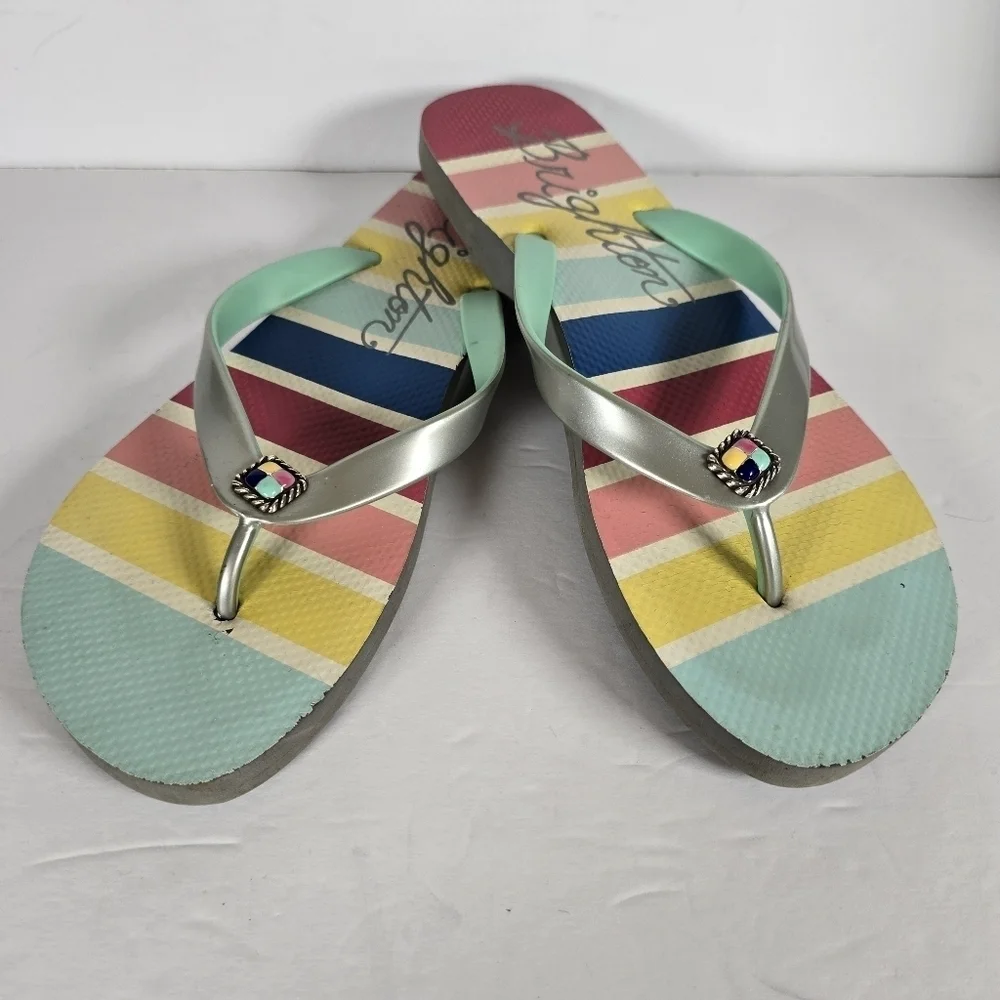 Brighton Colorful Striped Flip Flops With Gems On Top Of Sandals Size 10 Summer